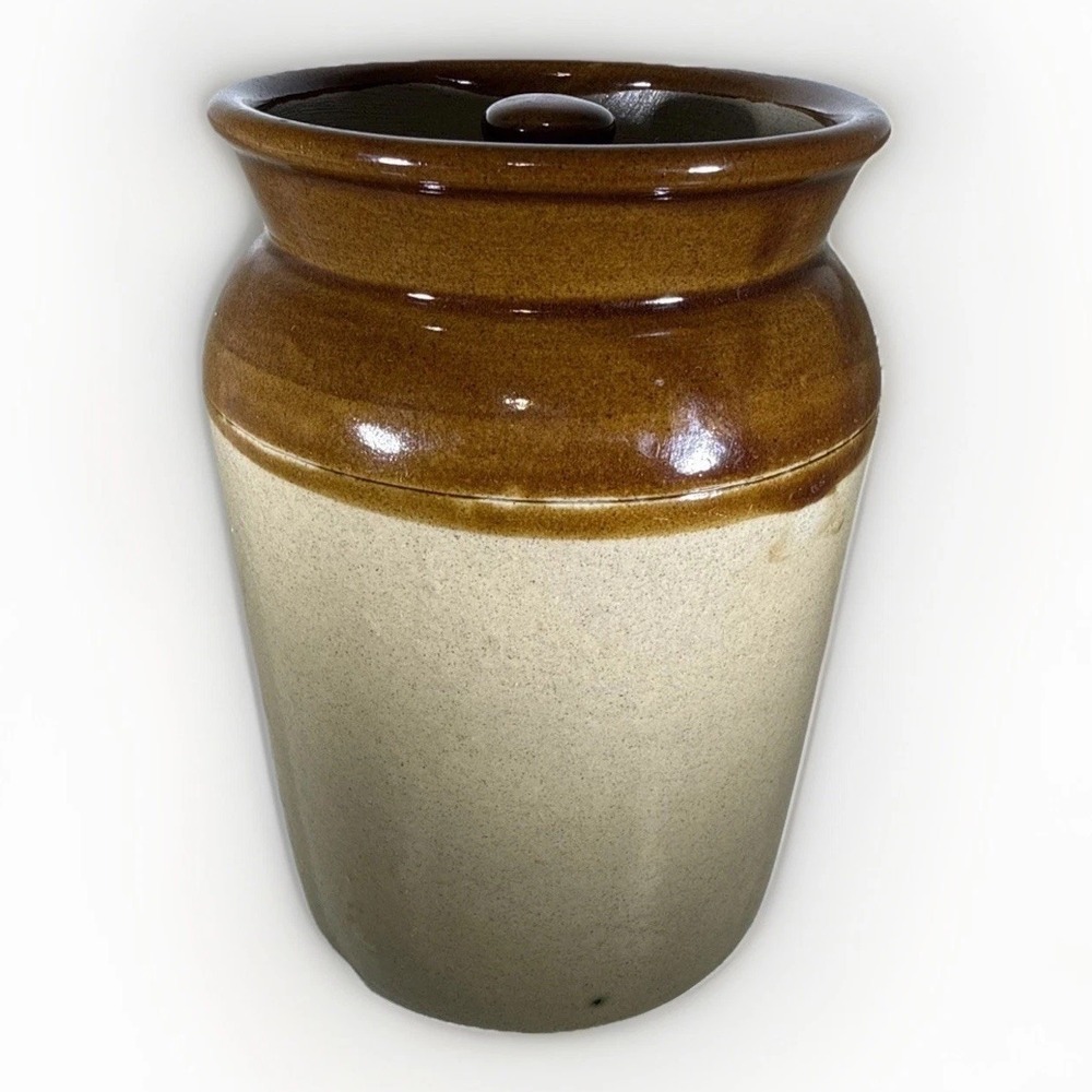 Pearsons of Chesterfield Vintage Salt Glazed Stoneware Jar Two Tone Brown Lid